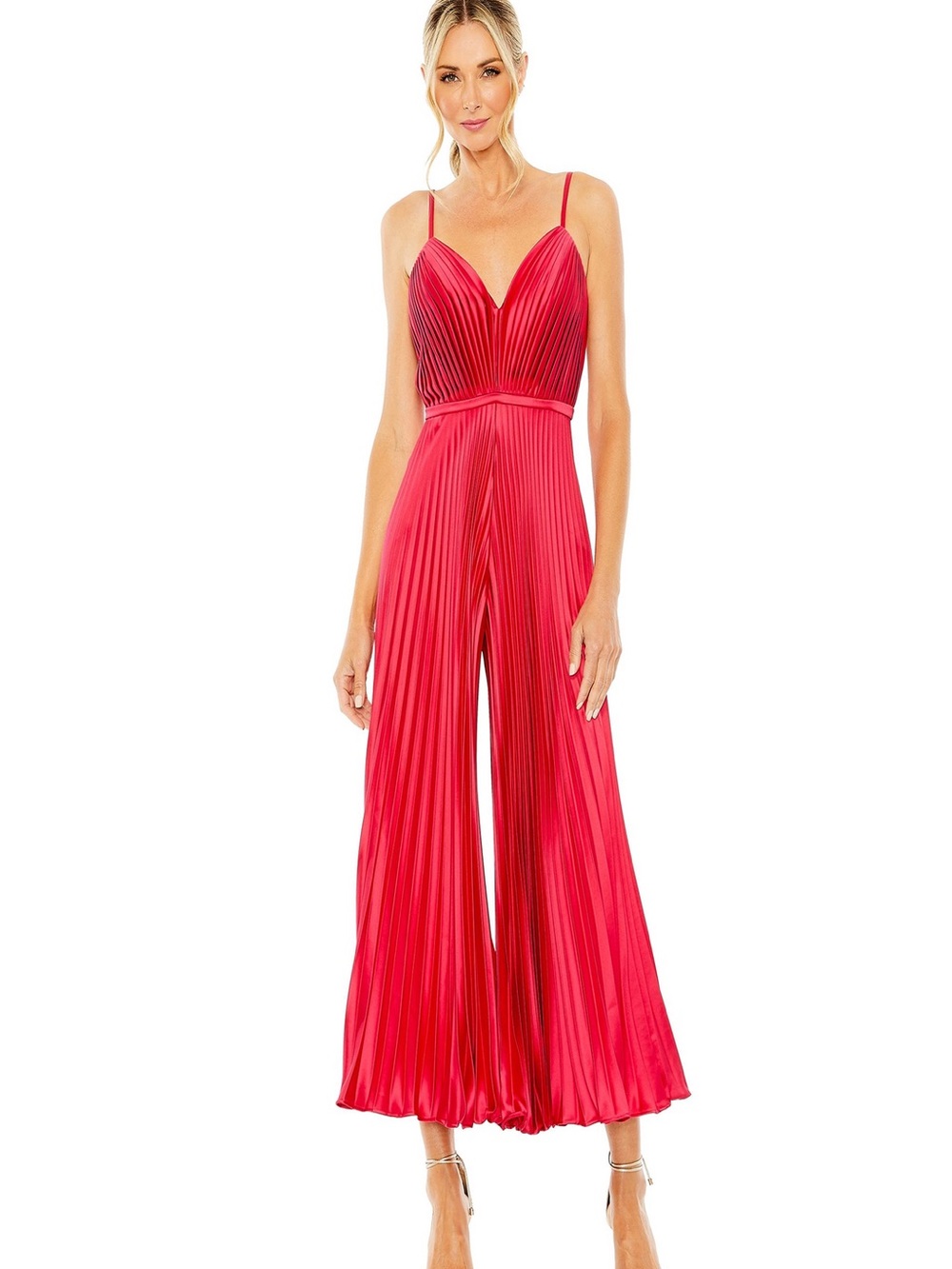 Red Pleated Wide-Leg Spaghetti-Strap Jumpsuit